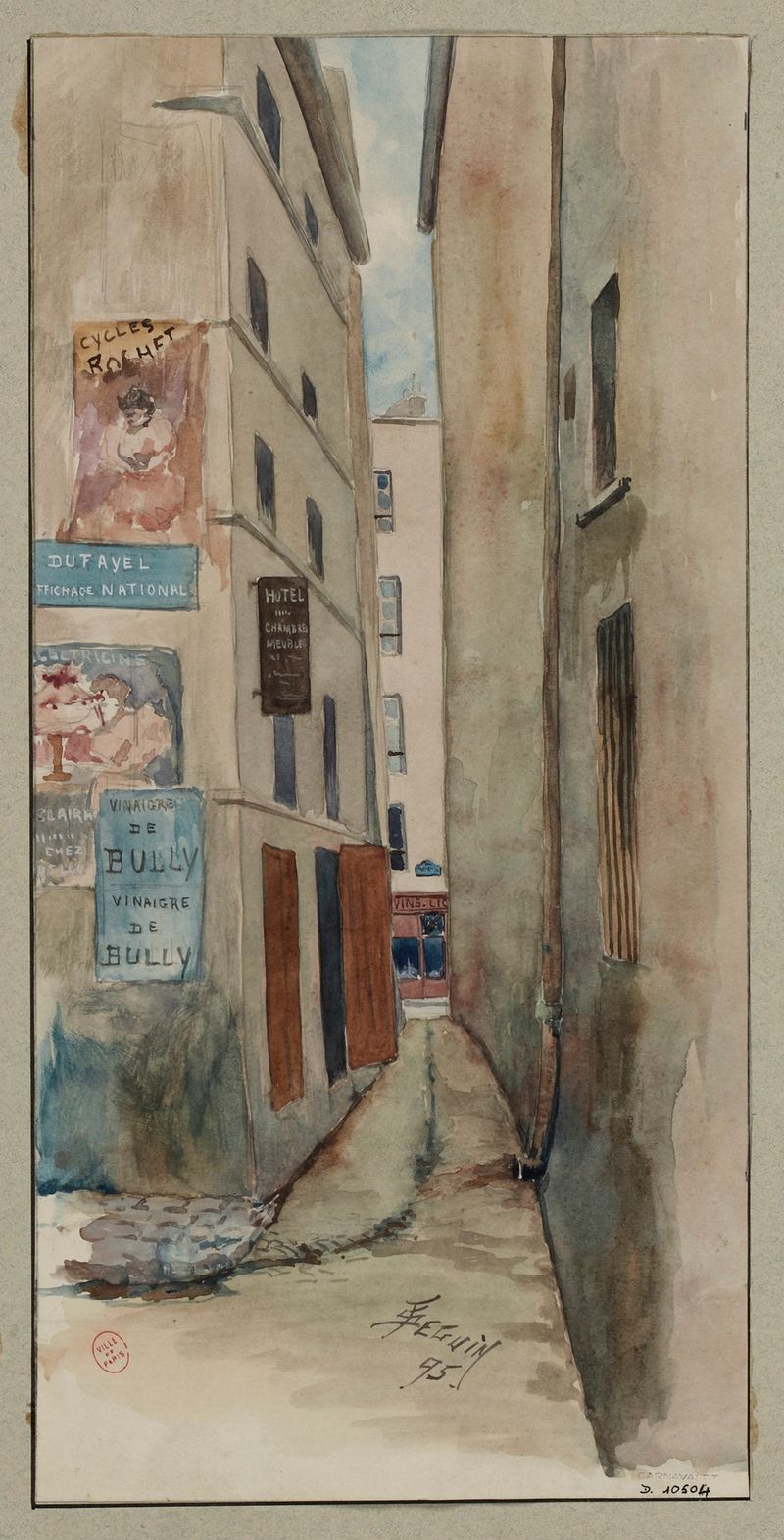 Cena de gênero retratando o crepúsculo na Rue du Chat qui pêche, óleo de F. Séguin