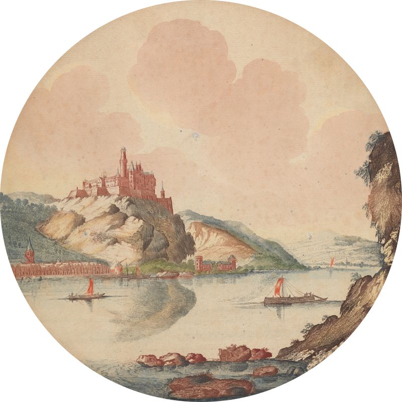 Landscape depicting Kasteel Rheinfels by Jan van Call, oil painting