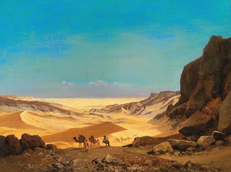 Pintura al óleo de Die libysche Wüste de Carl Hasch, que representa un vasto paisaje desértico.
