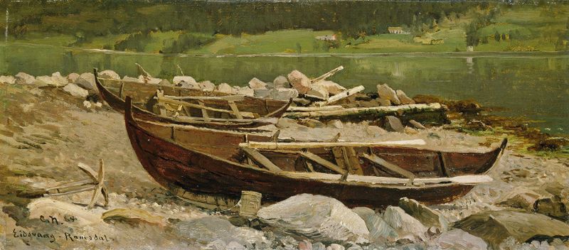 Paisagem retratando o crepúsculo sobre uma vila por Carl Nielsen, pintura a óleo