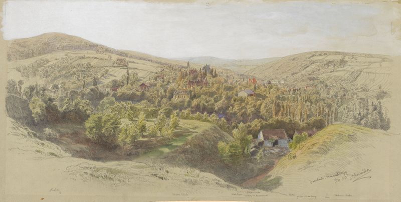 Vista del paisaje con colinas suaves y luz suave de Anton Hlavacek, pintura al óleo.