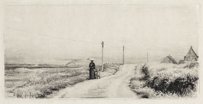 A woman strolls along a sunlit path in an oil painting by Carl Bloch.