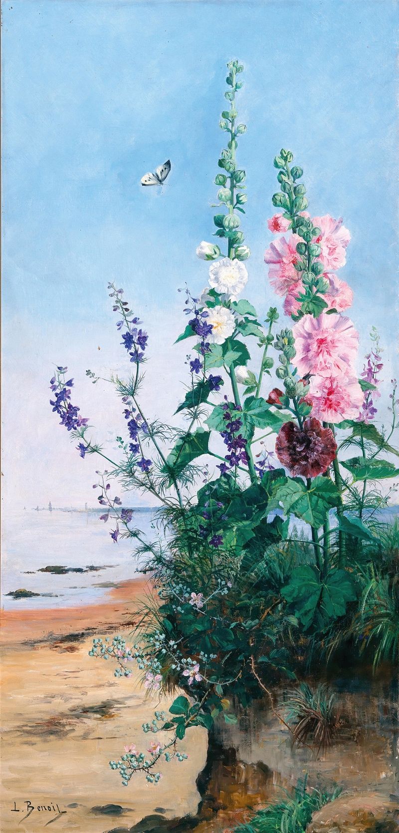 Hollyhocks in the South of France de Léon Marie Benoit, óleo sobre tela, flores vibrantes em flor