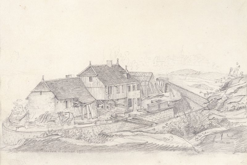 Sawmill of M. Maire, óleo sobre tela de Théodore Rousseau, retratando uma cena de floresta tranquila.