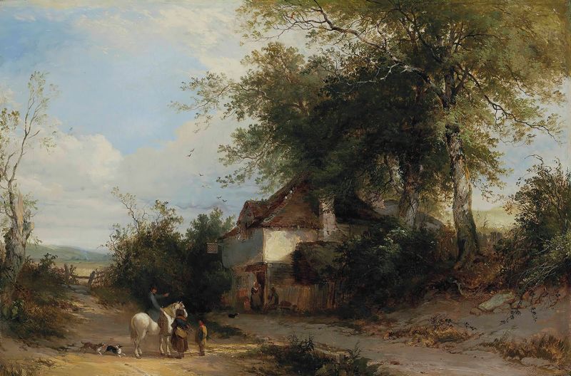 Cena de gênero de viajantes conversando fora de uma pousada, pintura a óleo de Henry John Boddington.
