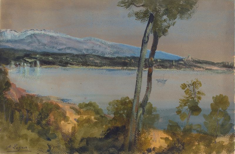 Landscape with mountains and a tranquil lake, oil painting by Alphonse Legros