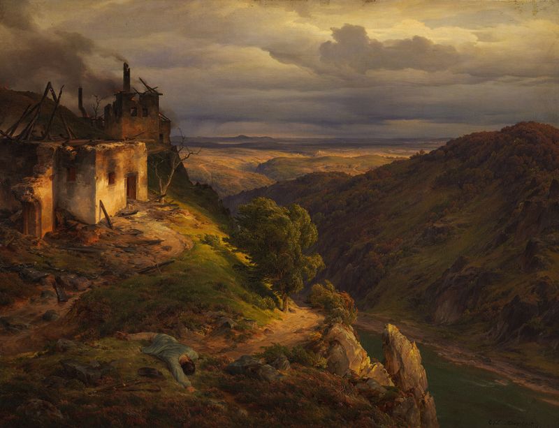 Paisaje de Karl Friedrich Lessing, 1835, que representa colinas y un cielo pastel al amanecer.