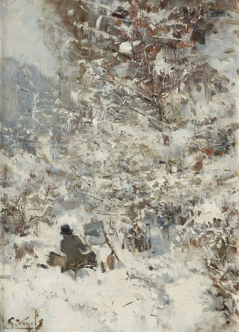 Oil painting by Guillaume Vogels depicting a figure in a red coat among snow.