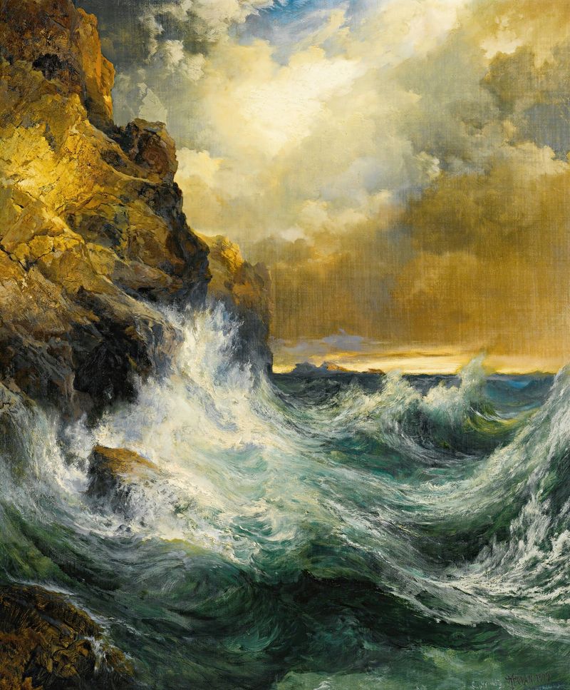 A Onda Recedente, óleo sobre tela de Thomas Moran, retratando uma onda em azul e teal.