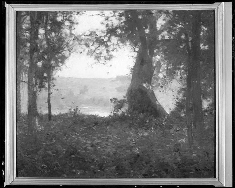 Landscape with Pond, oil painting by William Langson Lathrop, featuring a tranquil pond and lush greenery.