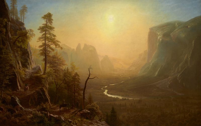 Yosemite Valley, Glacier Point Trail de Albert Bierstadt, óleo que muestra acantilados de granito y luz solar.