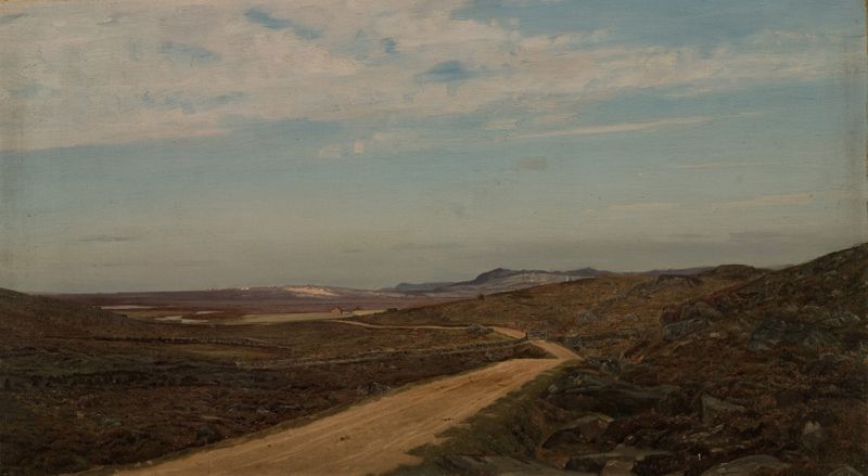 Pintura al óleo de Amaldus Nielsen con un camino serpenteante y un paisaje sereno.