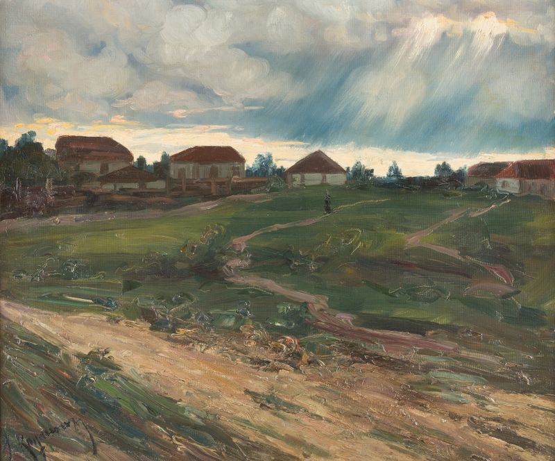 Landscape with storm clouds over a village, oil painting by Jakob Koganowsky