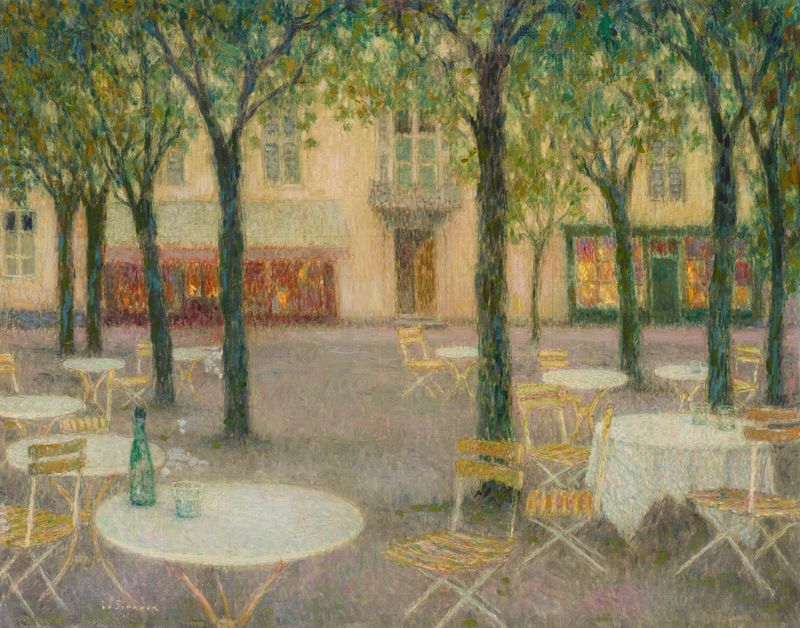 La Place des buveurs d’eau, Aix-les-Bains by Henri Le Sidaner, oil painting depicting figures around a fountain