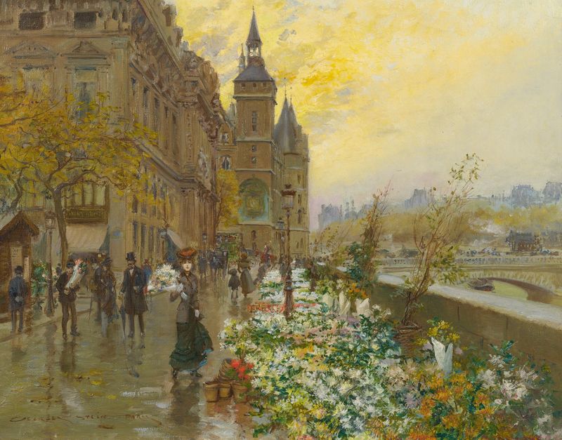 Oil painting of a vibrant flower market by Georges Stein