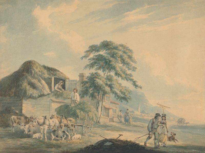 Haymakers de Peter La Cave, óleo sobre lienzo que muestra figuras trabajando en un entorno rural