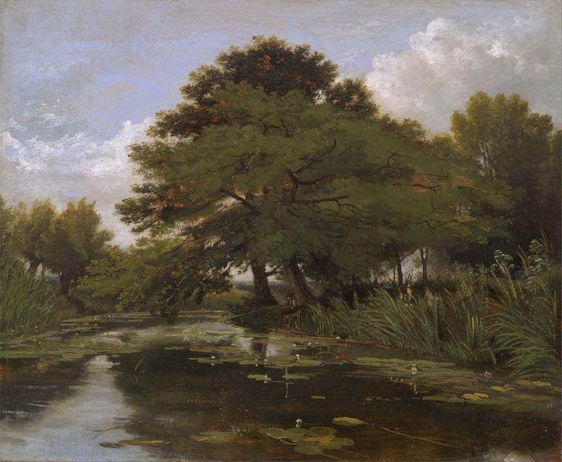 Watercolor on paper by William Alfred Delamotte depicting a tranquil river landscape.