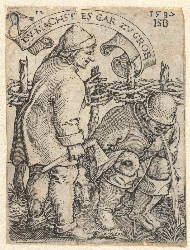Gravura de Hans Sebald Beham retratando uma figura cansada representando a dependência.