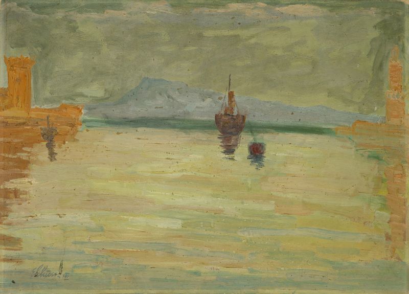 Hafeneinfahrt von Palma di Mallorca de Ernst Schiess, impressionismo, retratando um porto ao pôr do sol.