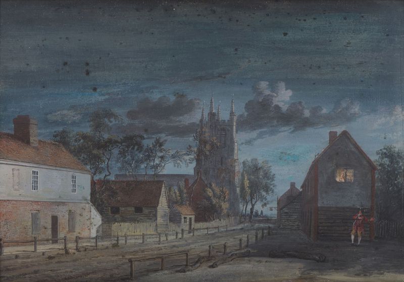 Aquarela de Paul Sandby retratando uma paisagem serena ao crepúsculo com tons de azul profundo.