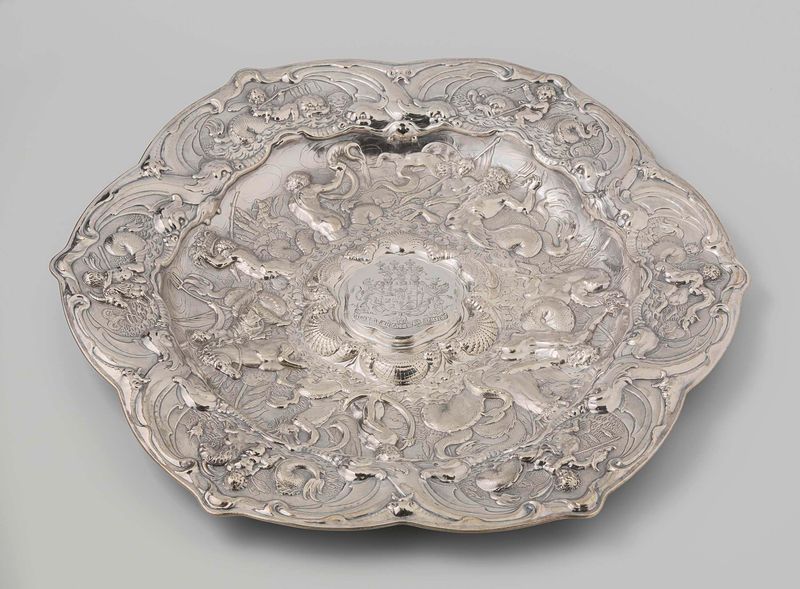Ewer and basin made of metal by Johannes Lutma, featuring marine gods and symbols of abundance.