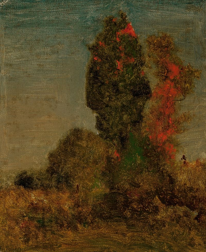 Autumn Trees by George Inness, oil on canvas depicting vibrant autumn foliage.