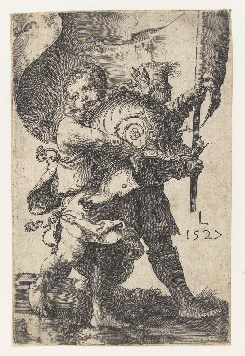 Grabado de Lucas van Leyden que representa a dos niños con un casco y un estandarte.
