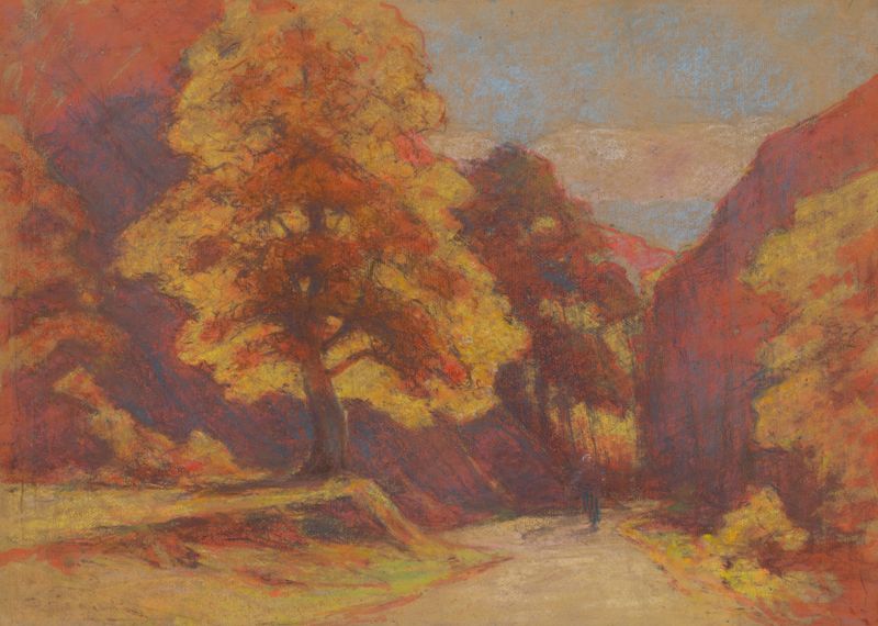 Landscape oil painting by Ľudovít Čordák depicting hills and light in soft colors