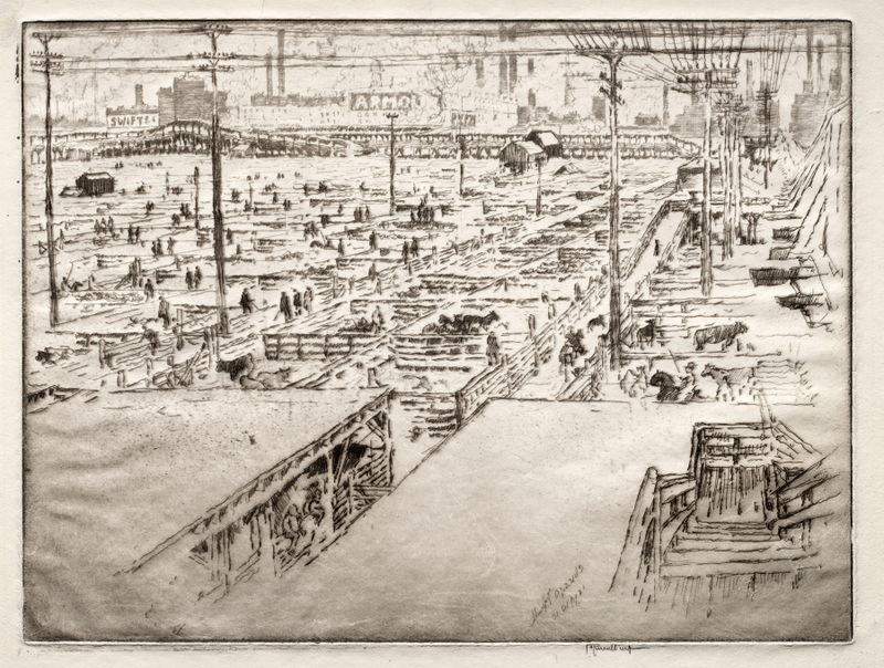 Litografía de Joseph Pennell que representa los mataderos de Chicago con tonos industriales.