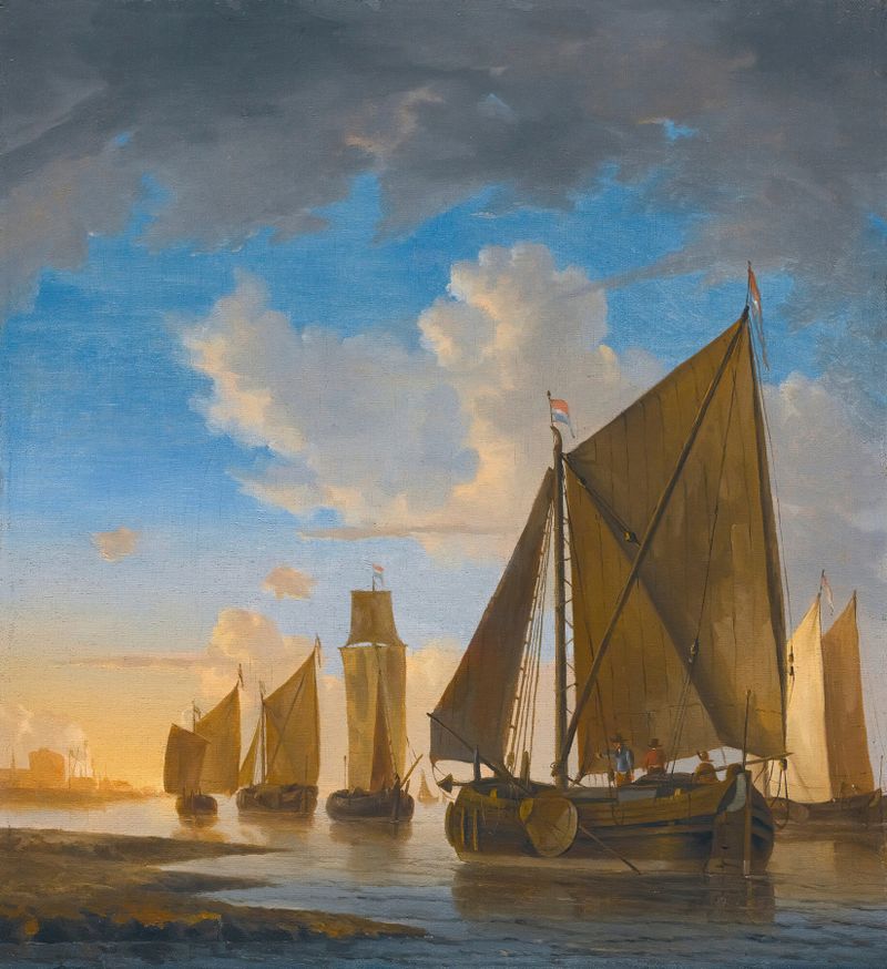 Oil on canvas by Hendrick Jacobsz. Dubbels depicting boats at sunset near the shore.