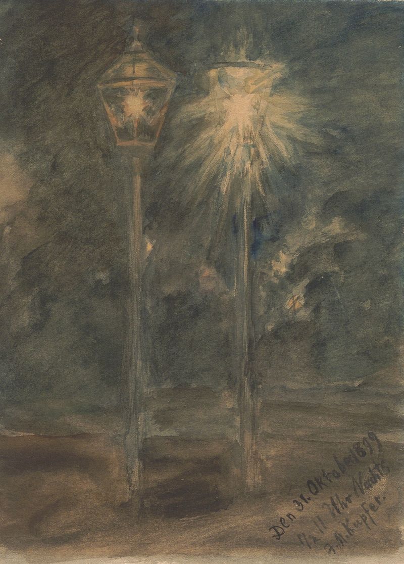 Gaslight scene at night, oil painting by Johann Michael Kupfer