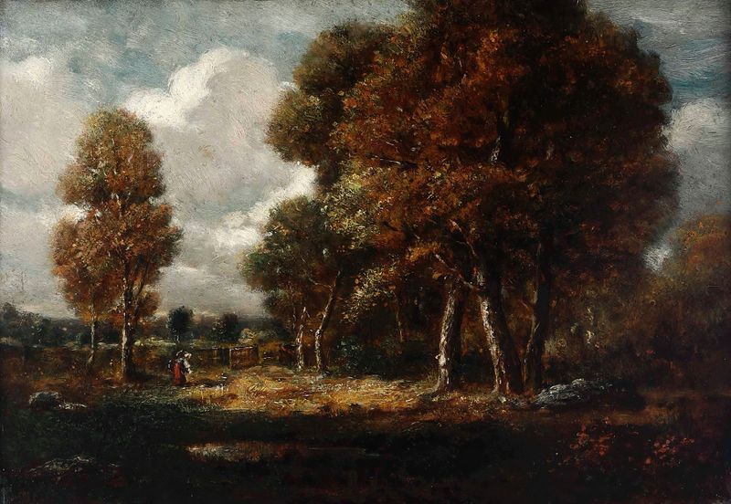 Landscape with Figures, óleo sobre lienzo de Théodore Rousseau, con figuras entre colinas y vegetación.