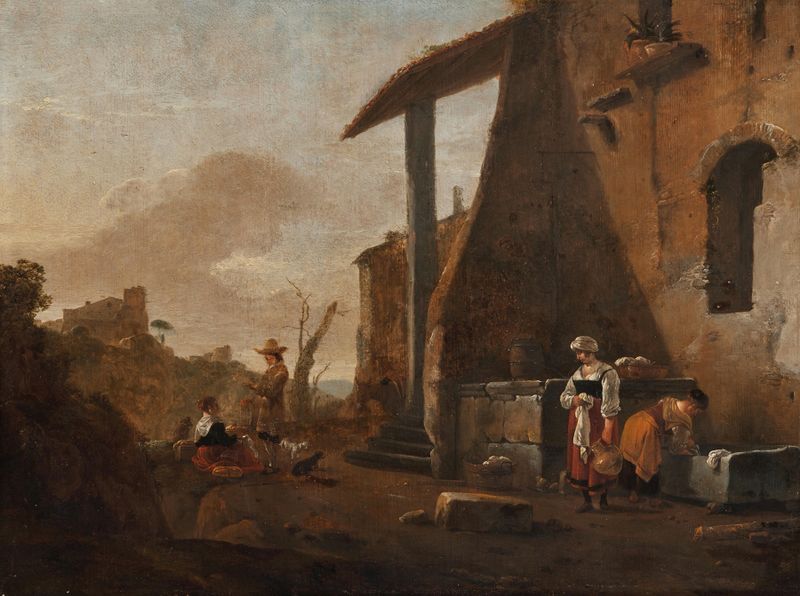 Genre scene of maidservants washing laundry and selling apples, Thomas Wijck