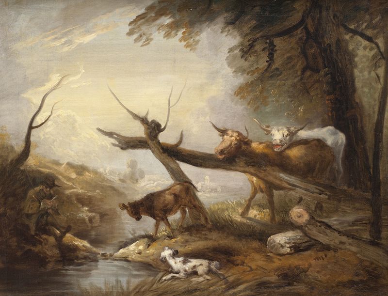 Cattle by a Stream, oil on canvas by Elias Martin, depicting cattle near a tranquil stream and trees.