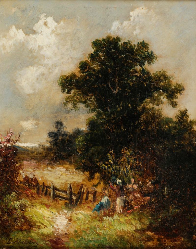 Landscape oil painting by Ernestine von Kirchsberg featuring a path and greenery.