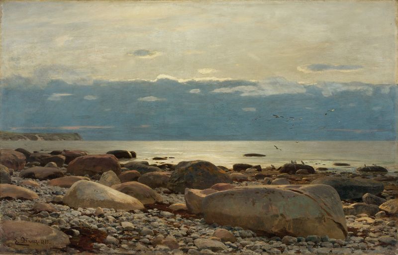 Rügen by Eugen Dücker, oil painting depicting a dramatic coastline with cliffs and ocean waves.