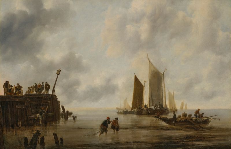A calm with fishing boats and figures on a jetty, oil painting by Jan van de Cappelle