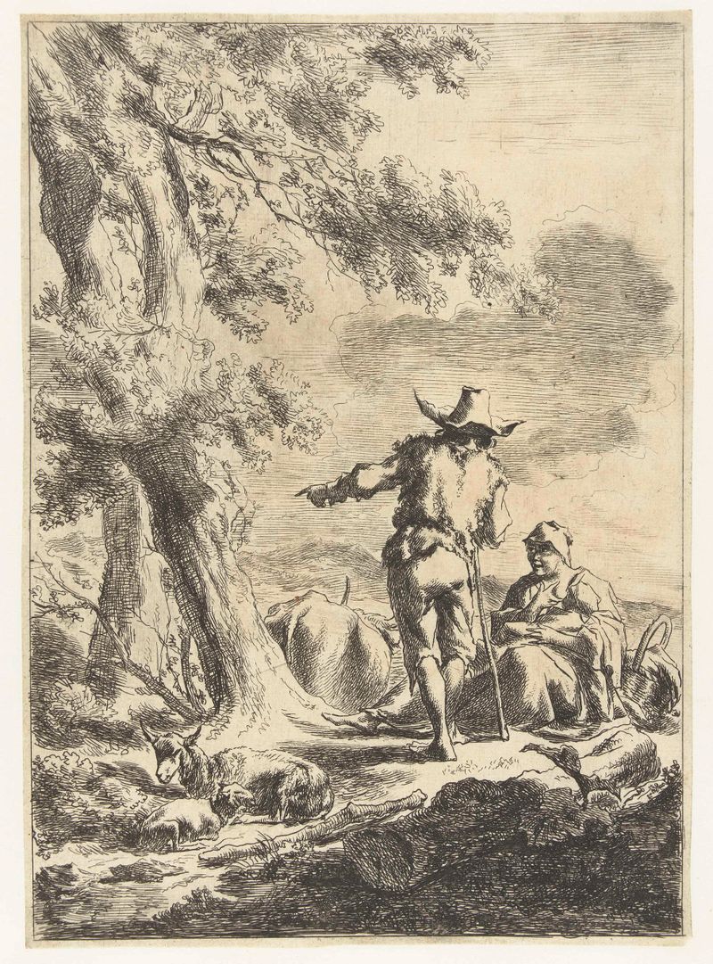 Gravura de Nicolaes Pietersz Berchem mostrando um pastor e uma mãe amamentando seu filho.
