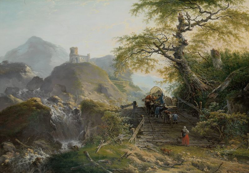 Paisaje montañoso con una figura caminando por colinas, pintura al óleo de Gerard van Nijmegen