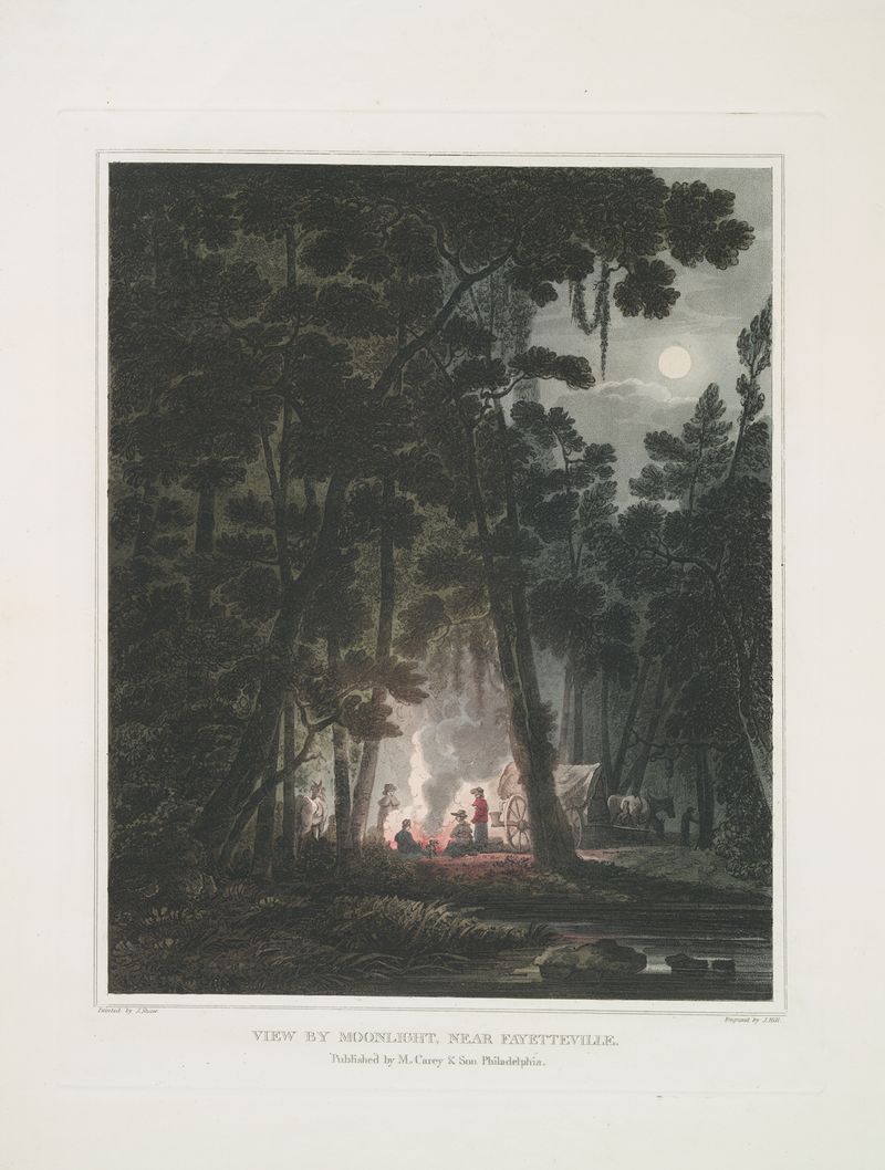Landscape at night with moonlight over hills and river by Joshua Shaw, oil painting