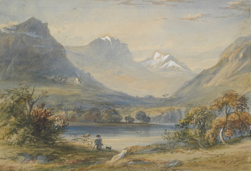 Pintura a óleo de Mountain Lake por Archer Stanley, mostrando um lago sereno refletindo montanhas ao redor.