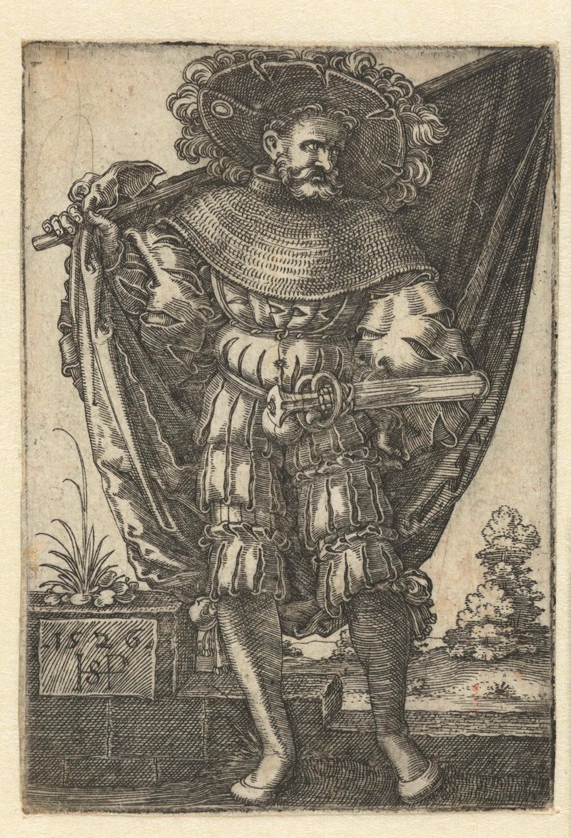 Grabado de Hans Sebald Beham que representa una figura central con prendas vibrantes en rojo y verde.