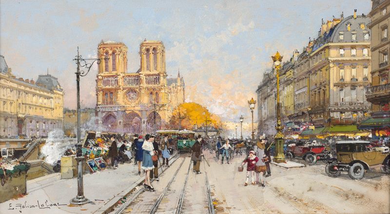 Paisaje impresionista de Eugène Galien-Laloue que representa el amanecer en Notre-Dame, París.
