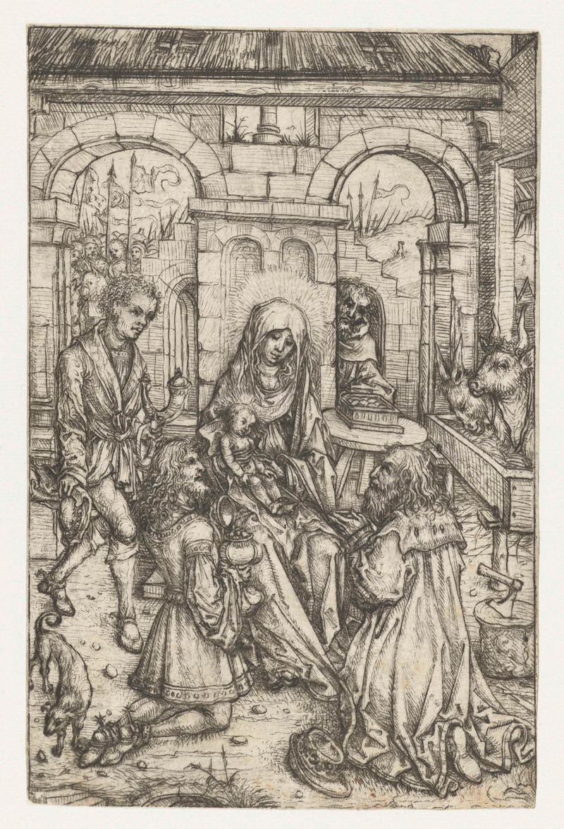 Drypoint by Meester van het Amsterdamse Kabinet showing three kings offering gifts to the infant Christ