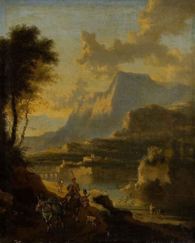 Mountainous landscape with a rider at sunset, oil painting by Jan Hackaert