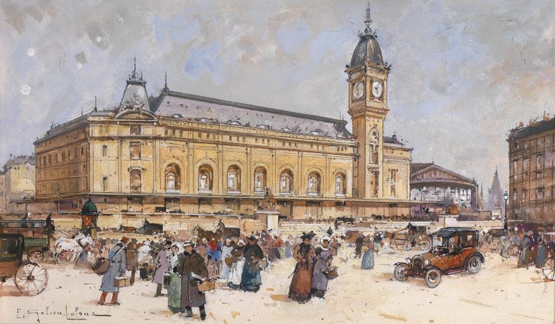 Gare de Lyon by Eugène Galien-Laloue, Impressionism, depicting a bustling train station with luminous light.