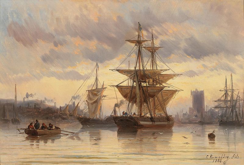 Barcos à vela em um porto, óleo sobre tela de Carl Joseph Kuwasseg
