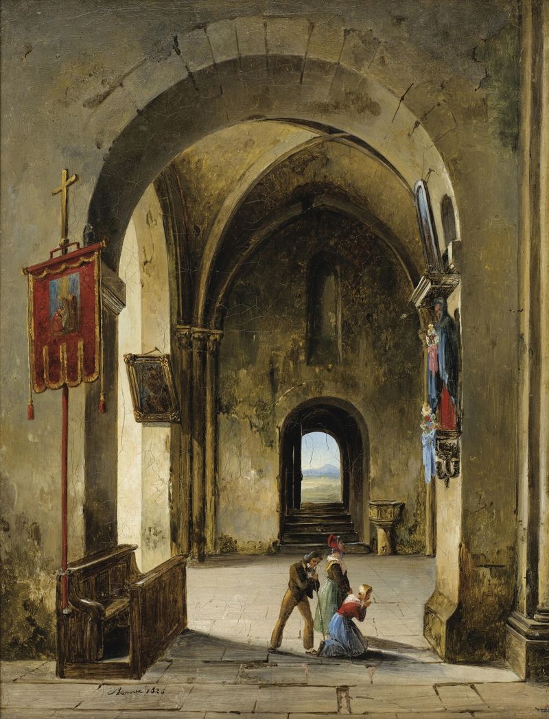 Prière dans l’église, óleo sobre lienzo de Charles-Caïus Renoux, que muestra una figura de rodillas en una iglesia.