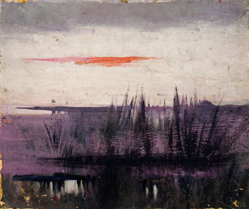 Oil painting by Abbott Handerson Thayer depicting flamingoes in a natural setting