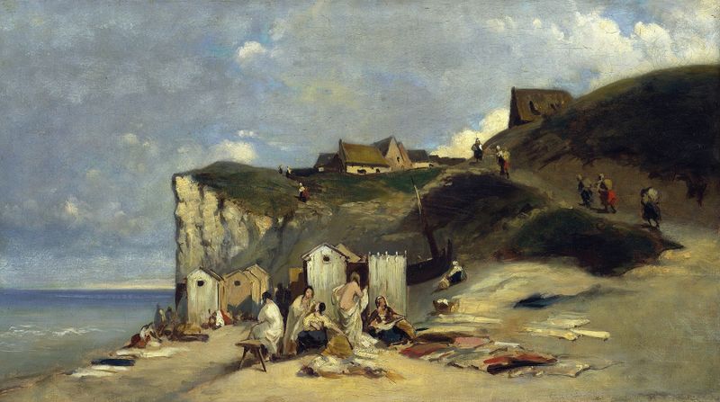 Mujer en el baño en Dieppe I, óleo sobre lienzo de Carl Spitzweg, con una mujer serena en un paisaje vibrante.